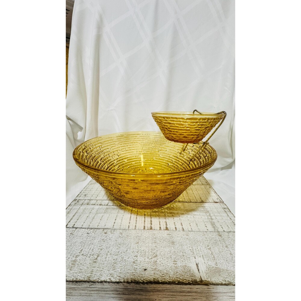 1970s Amber Glass Chip and Dip Bowl Set | Textured Retro Serving Ware